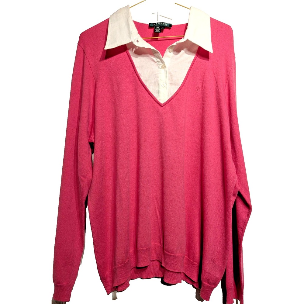 Lauren Ralph Lauren Sweater Womens 1X Pink V Neck Collared Silk Blend Pullover
